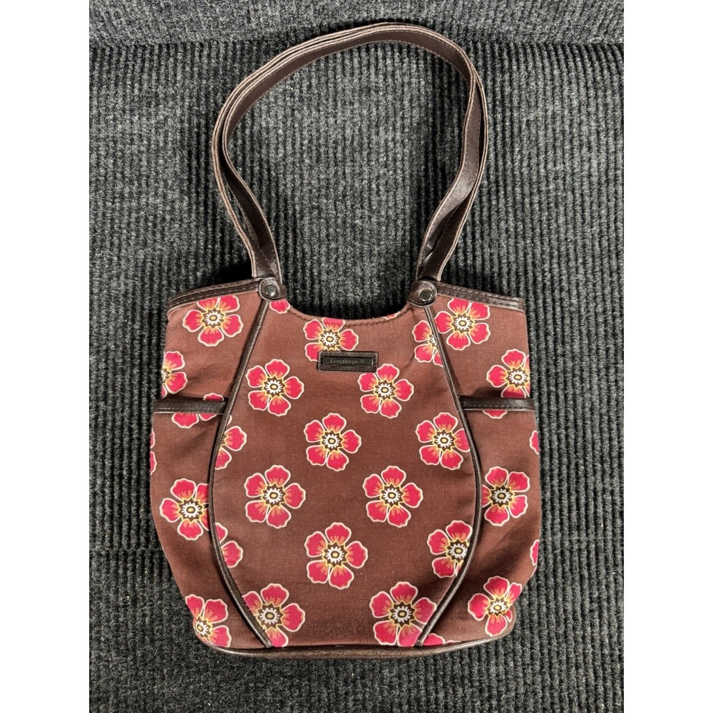 Longaberger Homestead Floral Shoulder Bag Brown Pink Canvas Tote Handbag Purse